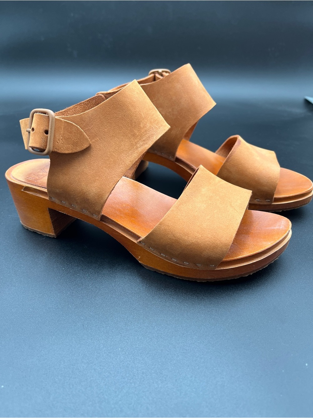 BRYR Tan Suede Ankle Strap Wood Clog Sandals Size 38